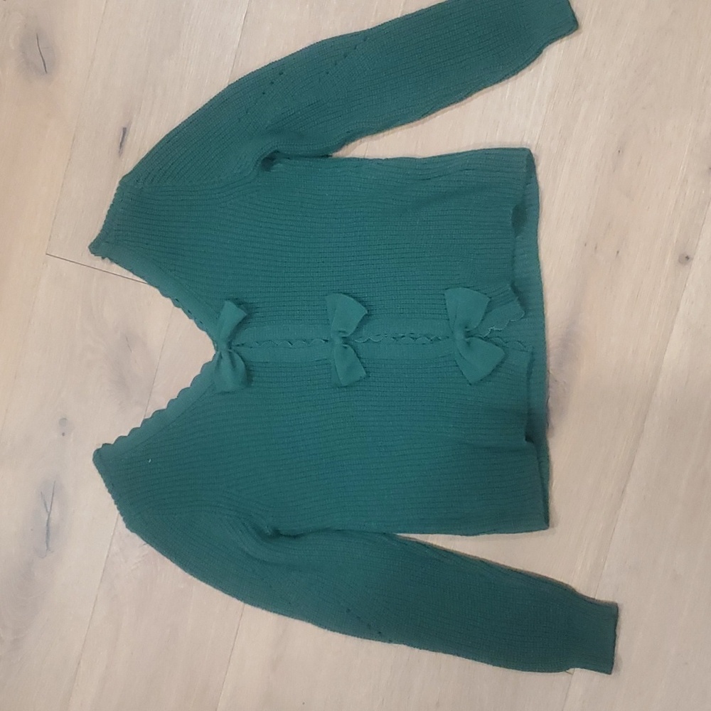 Shein Women's Large Green V-Neck Sweater Bow Detail Demure